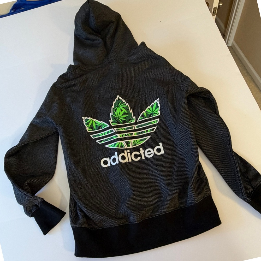 Three Layer Addicted Parody Zip Up Hoodie Charcoal Grey Weed Leaf Graphic Small